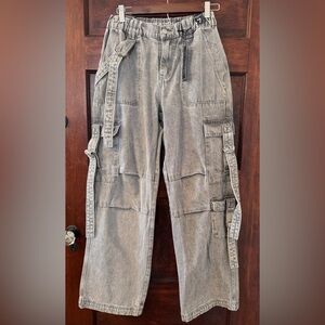 Gray Denim Cargo Pants with Belt